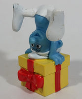 2011 Peyo "Jokey" Smurf Doing a Hand Stand on a Present Gift PVC Toy Figure McDonald's Happy Meal