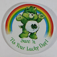 Vintage 1983 Carlton Care Bears Green Good Luck Bear with Rainbow Sure 'n "Tis Your Lucky Day!" Circular Round Button Pin - Cartoon Collectible