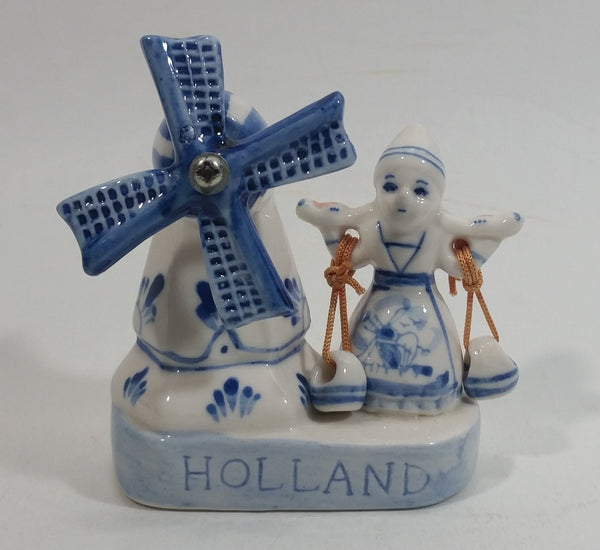 Vintage Beautiful Authentic Delft Deco Holland Rotating Windmill with Woman Carrying Water Pails Blue and White Hand Painted Ceramic Figurine