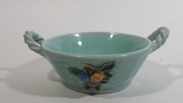 Vintage Bourne Denby Hand Painted Mint Green Ceramic Pottery Bowl Basket with Handles and Flower Decor