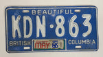 1986 Expo86 Beautiful British Columbia Blue with White Letters Vehicle License Plate - KDN 863