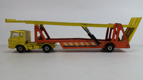 Vintage 1970 1971 Lesney Matchbox Super Kings K-11 DAF Car Transporter Semi Tractor Truck and Trailer Yellow and Orange Die Cast Toy Auto Hauler Vehicle