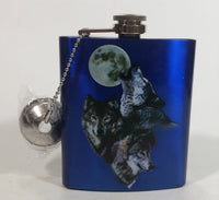 Spoontiques Beautiful 3 Wolves Howling at Full Moon Metallic Blue Stainless Steel Pocket Flask