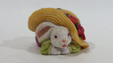 Very Cute Bunny Rabbit Hiding Under Rose Flower Trimmed Hat Tiny Miniature Decorative Figurine