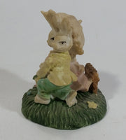 Very Cute Bunny Rabbit Couple with Umbrella and Basket on Grass Resin Figurine Decorative Ornament