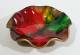 Vintage Seetusee Glassware by Mayfair Scalloped Edge Leather Backed Red Green Gold Art Glass Dish