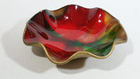 Vintage Seetusee Glassware by Mayfair Scalloped Edge Leather Backed Red Green Gold Art Glass Dish