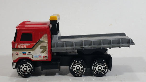 Vintage 1980 Buddy L Mack Semi Good Year #7 Flatbed Tow Truck Red and Grey Pressed Steel and Plastic Toy Car Wrecking Salvage Vehicle - Macau