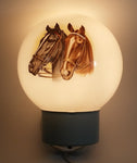 Rare Glass Globe Two Horses Black and Brown White Hanging Plugin Wall Sconce Light Lamp