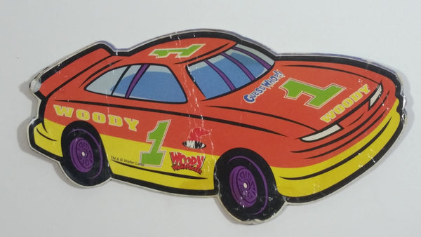 1990s Walter Lantz Woody Woodpecker Guess Who? Woody #1 Orange and Yellow Race Car Shaped Magnet