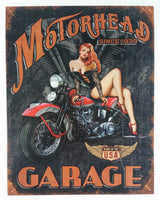 Motorhead Garage Since 1939 Babe on a Bike 12 1/2" x 16" Tin Metal Sign Motor Cycles Motorbike Collectible