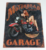 Motorhead Garage Since 1939 Babe on a Bike 12 1/2" x 16" Tin Metal Sign Motor Cycles Motorbike Collectible
