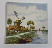 Rare 1960s Delft Polychrome Holland Handpainted Colored Windmill, Cottage, and Shoreline Ceramic Tile