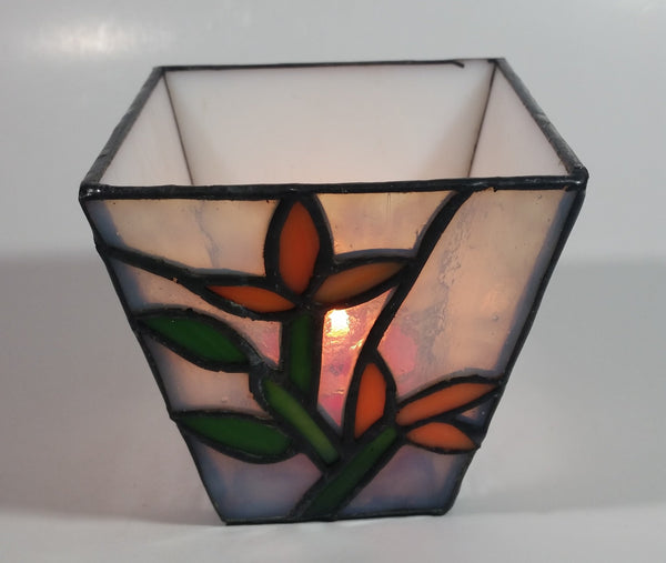 White Flower Themed Small Stained Glass Candle Holder