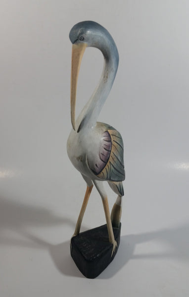 Beautifully Painted Hand Carved Crane Bird Wood Carving 12" Tall Statue