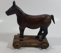 Antique Primitive Folk Art Wooden Horse on a Cart Carving with Wooden Wheels 7" Tall Carved Statue
