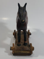Antique Primitive Folk Art Wooden Horse on a Cart Carving with Wooden Wheels 7" Tall Carved Statue
