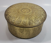 Vintage Guildcraft New York Embossed Brass Metal Tin Round Circular Container