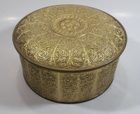 Vintage Guildcraft New York Embossed Brass Metal Tin Round Circular Container