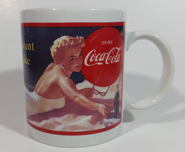 1992 Coca Cola Coke Soda Pop "What I Want is a Coke" 1952 Indoor Poster Blonde Pinup Girl Laying on The Beach White Ceramic Coffee Mug Beverage Collectible