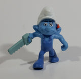 2011 Peyo "Carpenter" Smurf Holding a Saw with a Pencil in His Ear PVC Toy Figure McDonald's Happy Meal