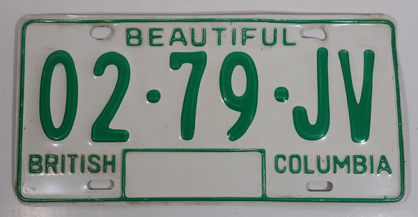 c. 1986 Beautiful British Columbia White with Green Letters Vehicle License Plate 02 79 JV