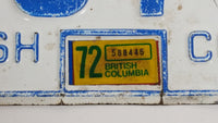 1972 Beautiful British Columbia White with Blue Letters Vehicle License Plate FCG 740