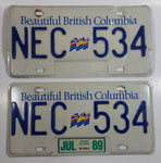 1989 Beautiful British Columbia White with Blue Letters Vehicle License Plate Set of 2 NEC 534