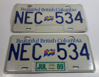 1989 Beautiful British Columbia White with Blue Letters Vehicle License Plate Set of 2 NEC 534