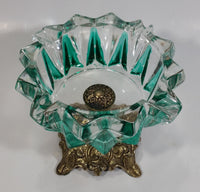 Vintage Teal Green Painted Heavy Glass and Brass Pedestal Ash Tray Smoking Collectible