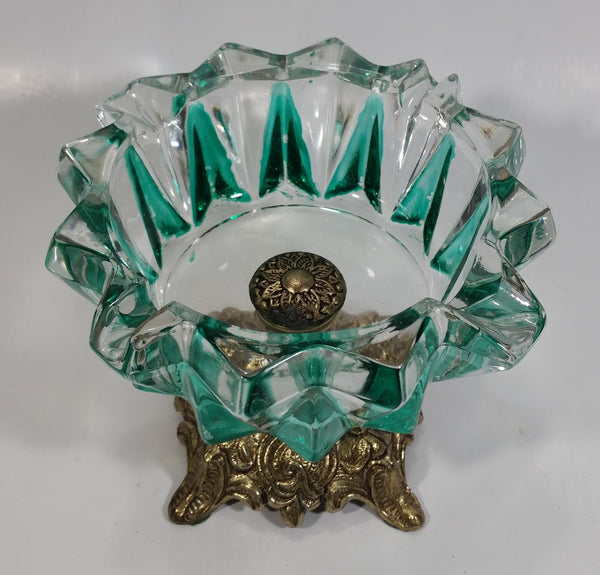 Vintage Teal Green Painted Heavy Glass and Brass Pedestal Ash Tray Smoking Collectible