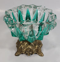 Vintage Teal Green Painted Heavy Glass and Brass Pedestal Ash Tray Smoking Collectible