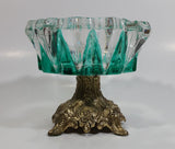 Vintage Teal Green Painted Heavy Glass and Brass Pedestal Ash Tray Smoking Collectible