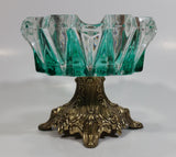 Vintage Teal Green Painted Heavy Glass and Brass Pedestal Ash Tray Smoking Collectible