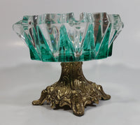 Vintage Teal Green Painted Heavy Glass and Brass Pedestal Ash Tray Smoking Collectible