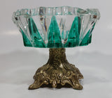 Vintage Teal Green Painted Heavy Glass and Brass Pedestal Ash Tray Smoking Collectible