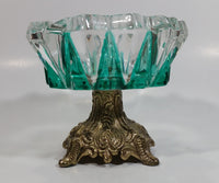 Vintage Teal Green Painted Heavy Glass and Brass Pedestal Ash Tray Smoking Collectible