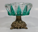 Vintage Teal Green Painted Heavy Glass and Brass Pedestal Ash Tray Smoking Collectible