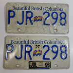 1996 Beautiful British Columbia White with Blue Letters Vehicle License Plate Set of 2 PJR 298