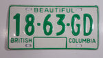 c. 1986 Beautiful British Columbia White with Green Letters Vehicle License Plate 18 63 GD