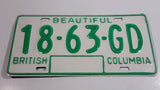 c. 1986 Beautiful British Columbia White with Green Letters Vehicle License Plate 18 63 GD