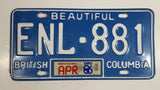 1986 Expo86 Beautiful British Columbia Blue with White Letters Vehicle License Plate - ENL 881