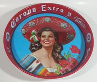 Vintage 1960s Corona Cervaza Extra Beer Victoria Girl Model Modelo Red Metal Beverage Tray 13" Diameter
