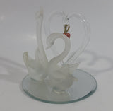 Frosted Glass Swans with Clear Heart and Pink Red Heart Pendant on Mirrored Circular Base Decorative Ornament