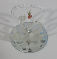 Frosted Glass Swans with Clear Heart and Pink Red Heart Pendant on Mirrored Circular Base Decorative Ornament