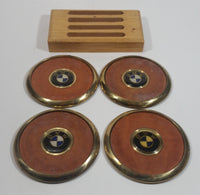 Rare Vintage BMW Leather and Brass Cork Bottomed Drink Coasters in Wooden Holder