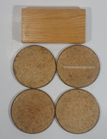 Rare Vintage BMW Leather and Brass Cork Bottomed Drink Coasters in Wooden Holder