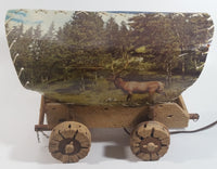 Beautiful Vintage Plastic Covered Nature Scenes Elk and Forest Wooden Chuck Wagon Lamp Light