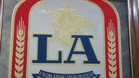 Vintage 1987 Anheuser Busch LA Beer 17 1/2" x 20" Wood Framed Glass Advertising Mirror Pub Lounge Bar Collectible
