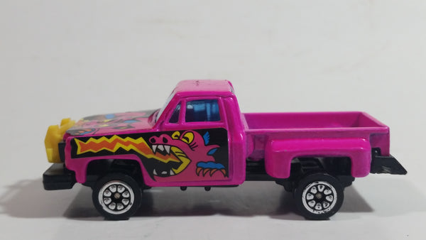 Unknown Brand Bright Hot Pink Ford F-150 Truck with Demon sticker Tampos and Yellow Push Bar Die Cast Toy Car Vehicle